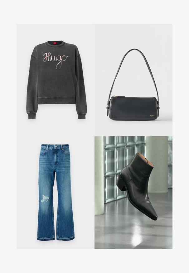 Donkergrijze sweatshirts met geribbelde manchetten en zoom. Voorzien van een groot, cursief "Hugo"-logo in een contrasterende lichte kleur. Zachte textuur.; Blauwe denim flared jeans met een rafelige zoom en een versleten patch op de linker bovenbeen. Kenmerken een klassieke vijf-pocket ontwerp en metalen knopen.; Zwarte leren enkellaars met een spitse neus en blokhak die zweeft boven een reflecterende grijze vloer nabij een glazen blokmuur.; Zwarte rechthoekige lederen schoudertas met gouden ritssluiting en klein goudkleurig "HUGO"-logo aan de voorkant, voorzien van een verstelbare riem met gesp.