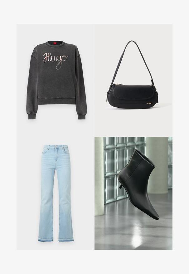 Mørkegrå sweatshirt med ribbet manchetter og kant. Har stor, kursiv "Hugo"-logo i en kontrasterende lys farve. Blød tekstur.; Lyseblå flagrende jeans lavet af denim, med høj talje, forlommer og rå kant ved sømmene for et afslappet look.; Sort læderankelstøvle med spids tå og lav kitten-hæ, vist vinklet mod en poleret gulv- og glasblokvæg.; Sort skuldertaske i læder med buet klap, guld "HUGO" logo på forsiden og enkelt justerbar strop.