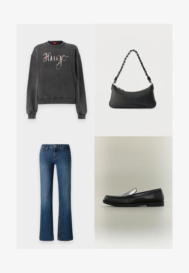 Mørkegrå sweatshirt med ribbet manchetter og kant. Har stor, kursiv "Hugo"-logo i en kontrasterende lys farve. Blød tekstur.; Mørkeblå denim jeans med flared ben design, der har subtile fading og slidte detaljer nær lår- og knæområdet.; Sort læder loafer med moc toe-syning, lav hæl og slip-on design mod en neutral baggrund.; Sort skuldertaske i læder med en buet rektangulær form, gyldent kæde vævet ind i en flettet sort rem og toplynlås.