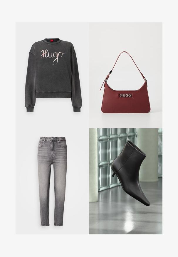 Donkergrijze sweatshirts met geribbelde manchetten en zoom. Voorzien van een groot, cursief "Hugo"-logo in een contrasterende lichte kleur. Zachte textuur.; Hoge taille slanke grijze jeans met vervaagde details, knoopsluiting aan de voorkant, riemlussen en vijf-pocket ontwerp op een witte achtergrond.; Zwarte leren enkellaars met puntige neus en lage hak, afgebeeld tegen een glazen blokkenmuur en gepolijste vloer op de achtergrond.; Kleine rechthoekige bordeauxrode leren handtas met een verstelbare schouderband en een zilveren "HUGO" logo plaatje aan de voorkant.