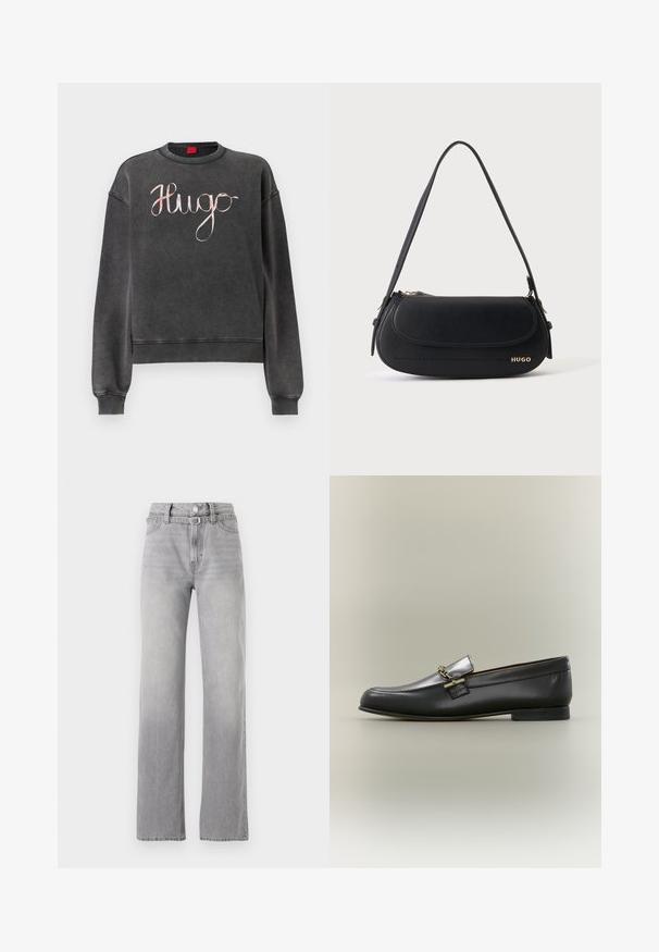 Dunkelgrauer Pullover mit gerippten Bündchen und Saum. Verfügt über ein großes, kursives "Hugo"-Logo in einer kontrastierenden hellen Farbe. Weiche Textur.; Helle graue Denim-Jeans mit hoher Taille, geradem Bein Design, dezenten Ausbleichungen und klassischem Fünf-Taschen-Stil. Metallknopf und Reißverschluss.; Schwarzer Lederloafer mit silberner Oberseite, goldener Kettendetail, niedrigem Absatz und abgerundeter Spitze auf neutralem Hintergrund.; Schwarze Lederschultertasche mit geschwungener Klappe, goldenem "HUGO" Logo auf der Vorderseite und einem verstellbaren Riemen.