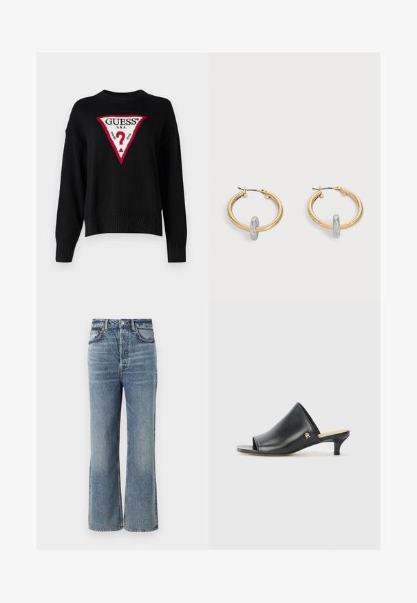 Guess Jeans BIG TRIANGLE - Pullover - jet black; Jeans taille haute bleu clair avec une coupe évasée, finis avec un léger délavage, design à cinq poches et matériel en métal pour le bouton.; Mules ouverts en cuir noir avec un talon bas. Présentent une surface lisse et un accent logo doré sur le côté.; Paire de boucles d'oreilles créoles dorées avec un petit détail boucle ton argent sur chaque, exposées sur fond gris clair.