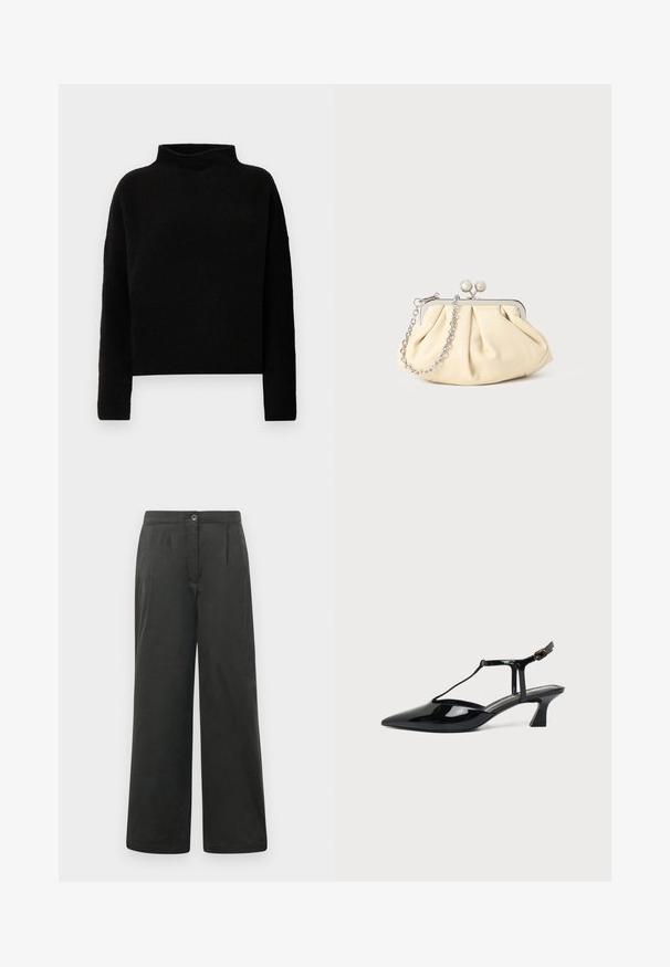 Pull en col roulé noir en tissu doux, avec des manches longues et une coupe décontractée, présentant des coutures minimales et sans embellissements visibles.; Pantalons larges noirs avec une texture lisse, dotés de plis avant, d'une fermeture à bouton et d'une taille élastique pour plus de confort.; Chaussure slingback en cuir verni noir à bout pointu avec bride en T et petit talon bloc incliné sur fond blanc.; Pochette en cuir beige plissé avec un cadre en métal argenté, dotée de deux fermoirs ronds décoratifs et d'une chaîne en argent.