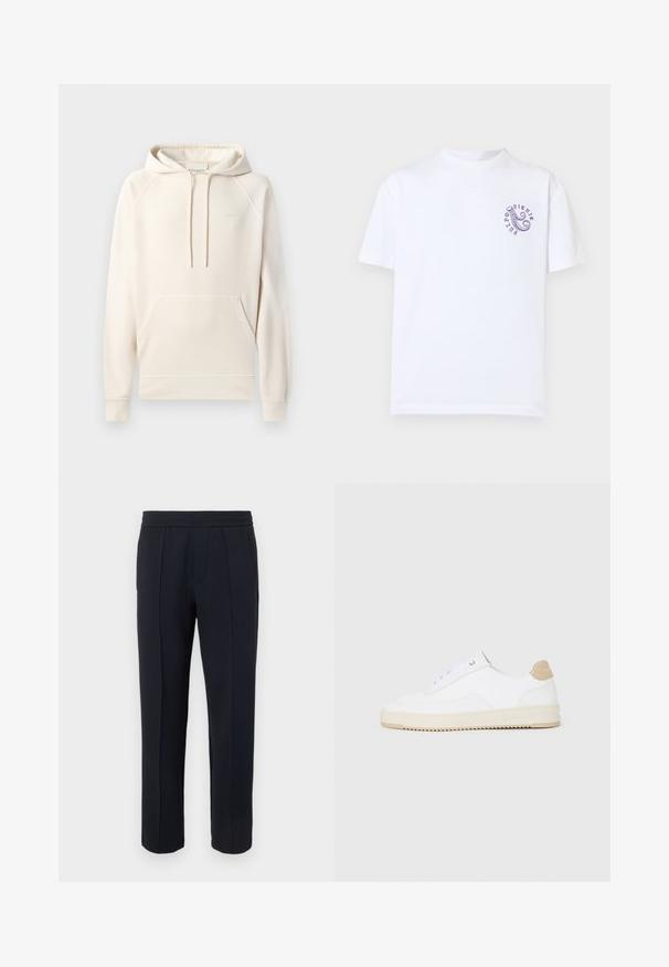 CLOSED Jersey con capucha - blush pink; Camiseta blanca de manga corta con un pequeño tentáculo de pulpo púrpura y texto circular "PURPO PICNIC" en el pecho superior izquierdo.; Pantalones negros de pierna recta con detalle de costura frontal, cintura elástica y bolsillos laterales sobre un fondo claro liso.; Zapatillas bajas blancas con parte superior de cuero texturizado, suela de crema estriada y acento de talón en color tostado. Presentan cordones blancos y detalle del logotipo en el talón.