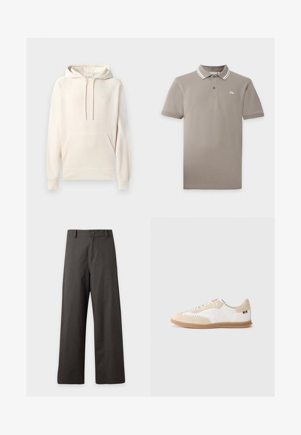 CLOSED Hoodie - blush pink; Beige poloshirt met korte mouwen, twee knopen met knoopsluiting en een witgestreepte kraag, met een klein wit logo op de linkerborst.; Donkergrijze broek met wijde pijpen, knoop- en ritssluiting, riemlussen en zonder zichtbare zakken.; Witte sneaker met lichtbeige suède accenten, geperforeerde details, platte veters en een zool van gumrubber. Voorzien van gestreepte branding op de hiel.