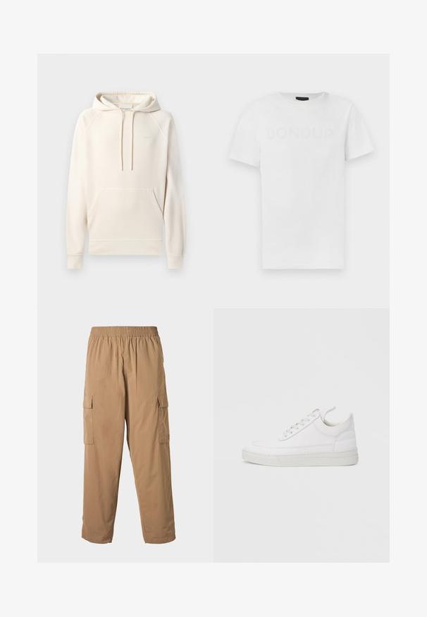CLOSED Hoodie - blush pink; Wit katoenen T-shirt met een ronde hals en korte mouwen, met een subtiel, ton-sur-ton "DONDUP" logo op de voorkant gedrukt.; Beige cargo broek met een elastische tailleband, voorzien van meerdere zijzakken en een lichte, gladde textuur. Recht model.; Witte leren sneaker met een afgeronde neus, platte zool en veters aan de voorkant. Voorzien van stikseldetails en een gevoerde kraag voor comfort.