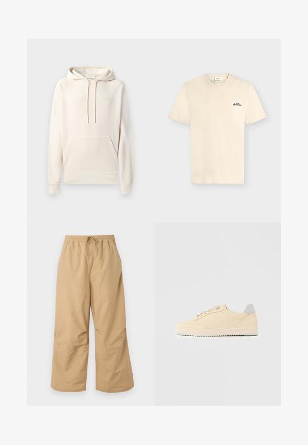 CLOSED Jersey con capucha - blush pink; Camiseta crema de manga corta y cuello redondo con pequeño logo negro "Les Deux" en el lado izquierdo del pecho.; Pantalones de pierna ancha beige, hechos de tela ligera, con una cintura elástica y cordón, y detalles cosidos cerca del dobladillo.; Zapatilla deportiva beige de corte bajo con cierre de cordones en la parte delantera, suela rosa claro y lengüeta trasera gris con la marca "Filling Pieces", mostrada de perfil sobre un fondo liso.