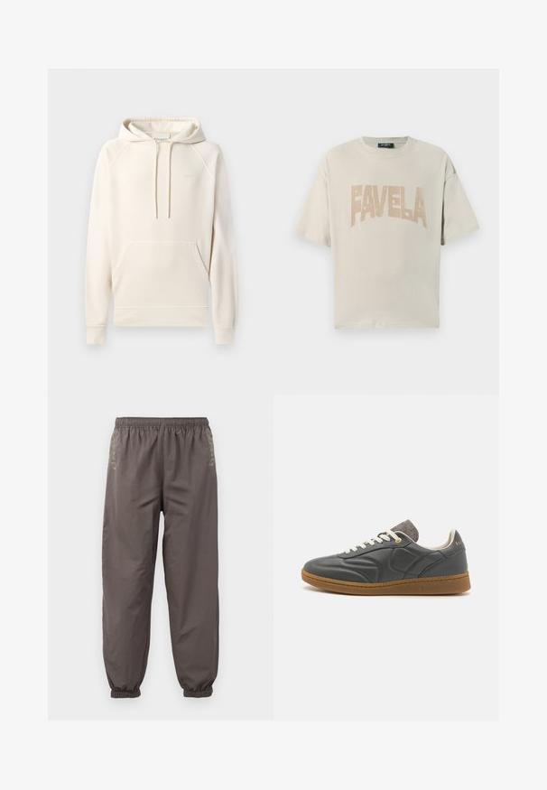CLOSED Hættetrøje - blush pink; Lys beige bomulds t-shirt med korte ærmer og rund halsudskæring, der prydes af ordet "FAVELA" i en kontrasterende tan blokskrift.; Mørkegrå, elastiske bukser med en afslappet pasform. Har samlede manchetter og subtil broderi på siderne. Letvægtsstof.; Mørkegrå lædersneakers med rund tå, hvide snørebånd, lysbrun gummisål og diskrete grå tekstildetaljer ved kraven. Guld logo detajle.