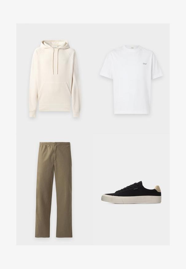 CLOSED Hoodie - blush pink; Witte katoenen T-shirt met korte mouwen en een ronde hals, met een klein zwart "Cloud" tekstlogo geborduurd op de linkerborst.; Khaki broek gemaakt van lichtgewicht stof. Heeft een elastische tailleband, een knoopsluiting, rechte pijpen en een soepele textuur.; Zwarte lage sneaker met beige hielstuk, dikke witte rubberen zool, zwarte veters en een klein "PS Paul Smith" label aan de zijkant.