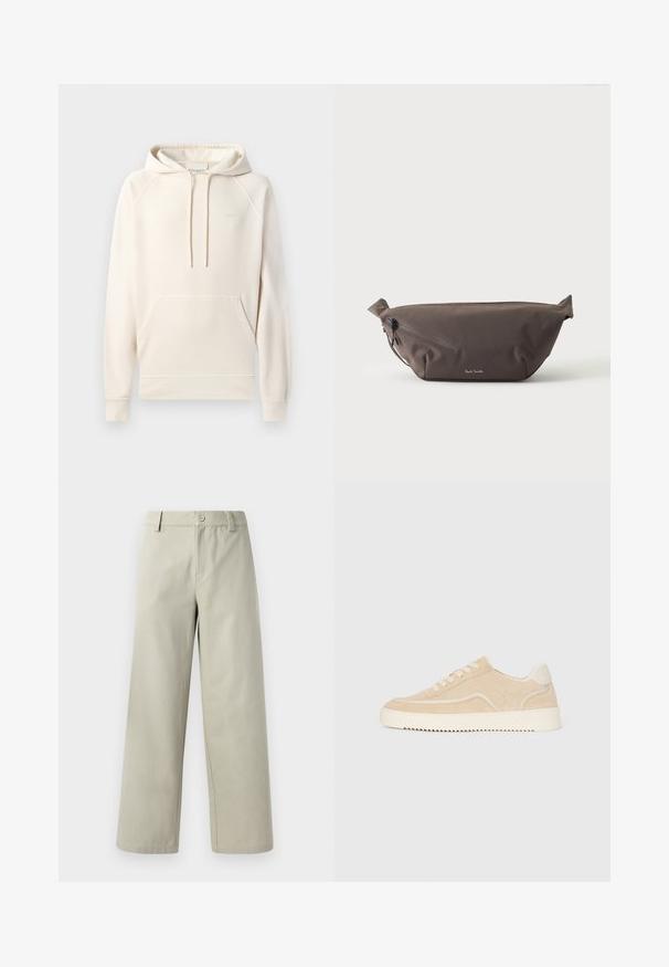 CLOSED Jersey con capucha - blush pink; Han Kjøbenhavn WIDE LEG - Pantalones - light grey; Zapatillas de ante beige con suela y cordones blancos, diseño bajo y patrón de tracción en zigzag en la suela.; Riñonera de tela marrón oscuro con bolsillo diagonal con cremallera y pequeño logo blanco en el frontal, sobre un fondo liso y claro.