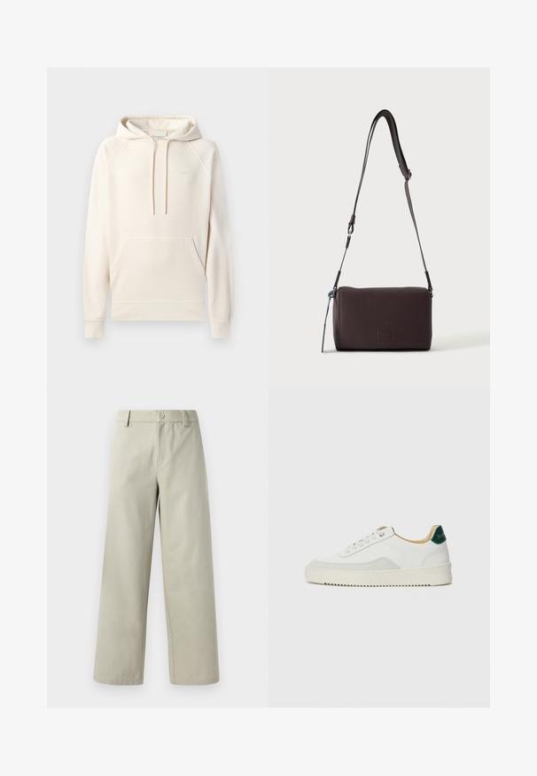 CLOSED Mikina s kapucňou - blush pink; Han Kjøbenhavn WIDE LEG - Nohavice - light grey; Biele tenisky s semišovými akcentmi, zaoblenou špičkou, plochými šnúrkami a krémovou gumovou podrážkou. Na päte sú zelené značky.; Tmavohnedá kožená crossbody taška s textúrou, nastaviteľným popruhom a malým dekoratívnym modrým prvkom na boku.