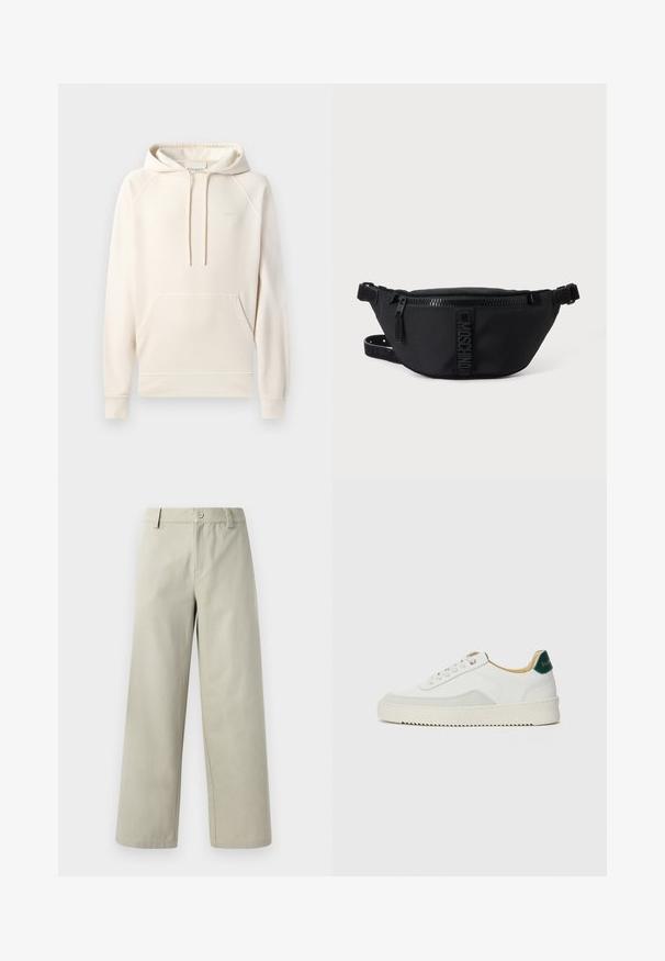 CLOSED Φούτερ με κουκούλα - blush pink; Han Kjøbenhavn WIDE LEG - Παντελόνι - light grey; Λευκά sneakers με σουέτ λεπτομέρειες, στρογγυλή μύτη, επίπεδα κορδόνια και κρέμα από καουτσούκ σόλα. Διαθέτει πράσινη επωνυμία στη φτέρνα.; Μαύρο τσαντάκι μέσης Moschino με φερμουάρ μπροστά και ρυθμιζόμενο λουρί σε απλό φωτεινό φόντο.