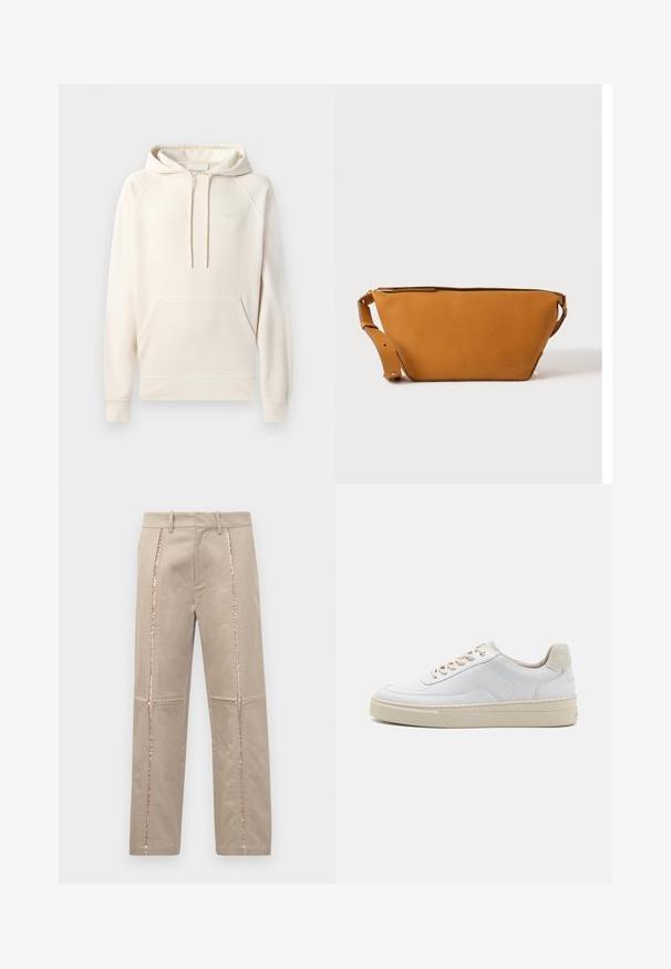 CLOSED Jersey con capucha - blush pink; Pantalones beige con corte recto, que presentan franjas laterales de lentejuelas en color rosa dorado y sutiles detalles de costura en las piernas.; Zapatilla blanca con parte superior de cuero suave, cordones beige y un tirador de talón de ante beige texturizado. Suela elevada para mayor altura.; Bolso bandolera de cuero marrón claro con correa ajustable y cierre de cremallera, mostrado sobre un fondo claro y liso.
