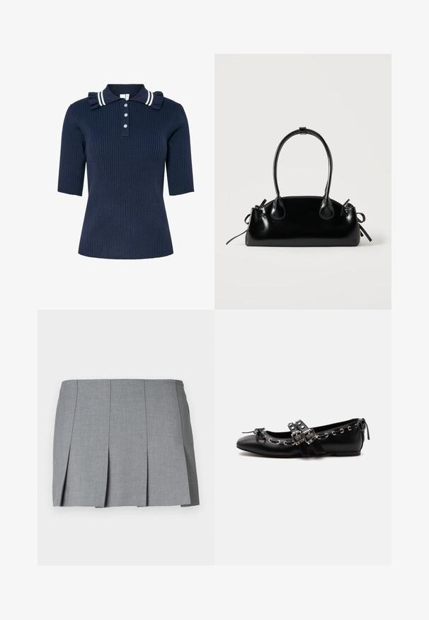 Polo bleu marine côtelé à manches courtes, doté d'un col rayé et d'un détail volanté, fermé par trois boutons à l'avant.; Jupe plissée grise avec une texture lisse, un design structuré et une taille ajustée. Fabriquée en tissu léger avec un motif subtile.; Chaussure de ballet plate noire avec doubles brides à boucle, œillets argentés et petit nœud près de l’orteil arrondi sur fond blanc.; Petit sac à main noir brillant avec deux longues anses et des détails à cordon sur les côtés sur un fond clair uni.
