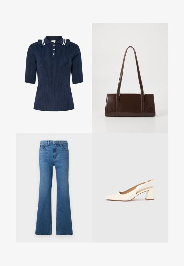 Polo bleu marine côtelé à manches courtes, doté d'un col rayé et d'un détail volanté, fermé par trois boutons à l'avant.; Jean en denim bleu taille haute avec une coupe à jambes larges, fermeture éclair et boutons sur le devant, et design classique à cinq poches sur un fond uni.; Escarpin slingback en cuir verni crème brillant, avec un bout pointu et un talon carré épais pour la stabilité. Design minimaliste, sans ornements.; Sac à main en cuir verni marron de forme rectangulaire, avec deux longues poignées et des accents courbés subtils à l'avant.