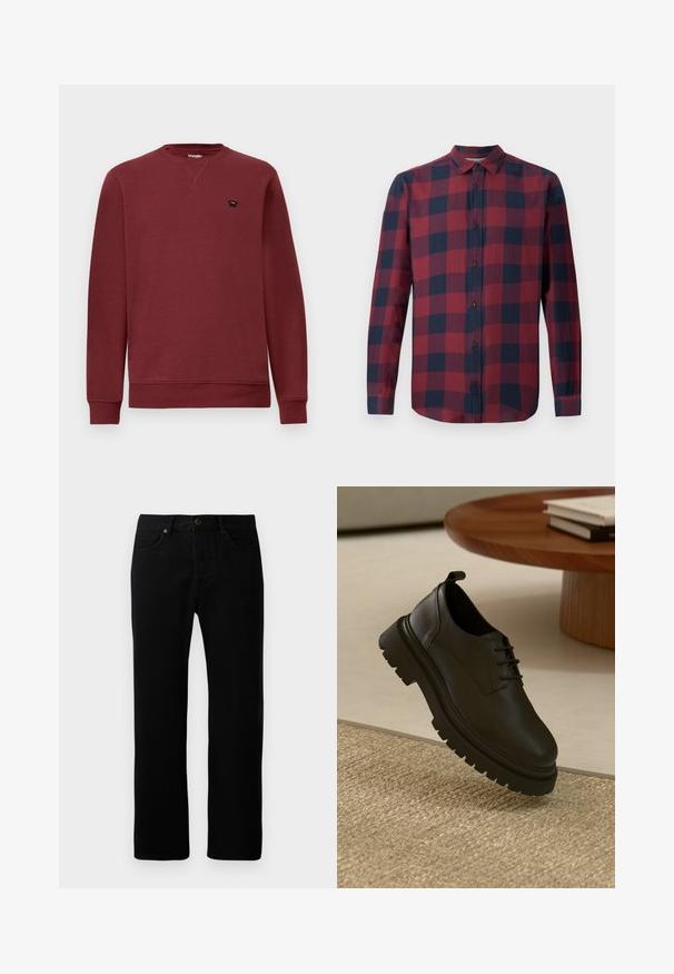 Bordeaux sweatshirt med rund halsudskæring, lange ærmer, ribbede manchetter og kant. Har et lille sort logo på venstre bryst.; Rød og marineblå plaid langærmet skjorte med nedfoldet krave og mørke knapper. Lavet af letvægtsstof med en glat tekstur.; Sorte denimjeans med lige ben-design, fem-lomme stil, frontknaplukning og diskrete syninger.; Sort lædersko med en tekstureret overflade, rund tå, snørelukning og en kraftig sort gummisål. Svævende over et vævet tæppe.