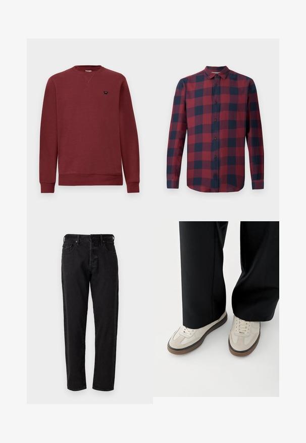 Burgunderfarbenes Sweatshirt mit Rundhalsausschnitt, langen Ärmeln, gerippten Bündchen und Saum. Mit einem kleinen schwarzen Logo auf der linken Brust.; Rot-kariertes Langarmhemd in Marineblau mit Button-Down-Kragen und dunklen Knöpfen. Hergestellt aus leichtem Stoff mit glatter Textur.; Schwarze Jeans aus Denim im Straight-Leg-Design mit fünf Taschen und Metallknopfverschluss. Das Material hat eine weiche Textur mit minimalen Ausbleichungen.; Füße mit beigen Sneakers mit braunen Sohlen und schwarzen Hosen mit weitem Bein auf weißem Hintergrund.