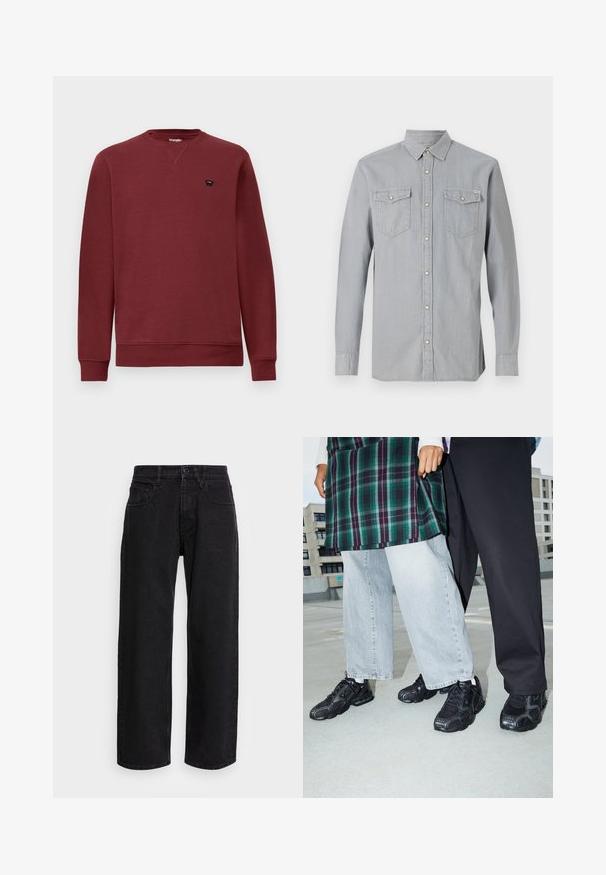 Bordeaux sweatshirt met een ronde hals, lange mouwen, ribgebreide boorden en een boord onderaan. Voorzien van een klein zwart logo op de linkerborst.; Lichtgrijs denimoverhemd met lange mouwen, knoopsluiting aan de voorkant, twee borstzakken met kleppen en knopen, en een puntige kraag.; Zwarte denim wide-leg broek met een hoge taille, voorzien van vijf zakken en een knoopsluiting. Stof heeft een zachte textuur en een lichte rek.; Zwarte sportieve schoenen met mesh- en rubberaccenten. Draagt een lichtgrijze wijde spijkerbroek en een groen geruit shirt. Effen achtergrond.