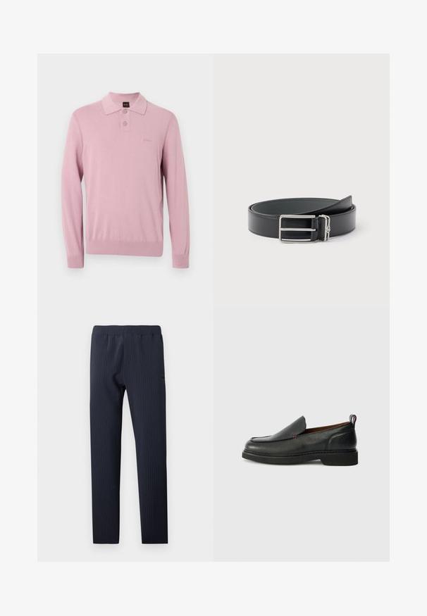 Polo tricoté rose à manches longues avec deux boutons, poignets et ourlet côtelés, et un logo brodé discret sur la poitrine.; Pantalon bleu marine à jambe droite avec taille élastique et texture subtile à rayures verticales, adapté pour une tenue décontractée ou professionnelle.; Chaussure slip-on en cuir noire avec un bout rond, un dessus texturé, des coutures rouges contrastantes et un petit talon. Présente une languette en boucle.; Ceinture en cuir noir avec une boucle rectangulaire argentée et une petite boucle argentée attachée, enroulée sur un fond blanc.