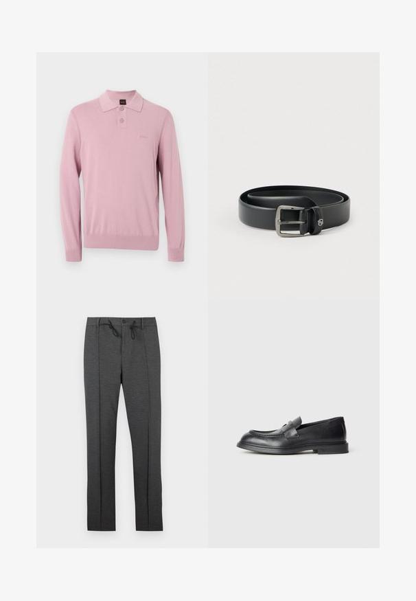 Polo tricoté rose à manches longues avec deux boutons, poignets et ourlet côtelés, et un logo brodé discret sur la poitrine.; Pantalon gris foncé à jambes droites avec plis à l'avant, fermeture par bouton, et cordons de serrage noirs à la taille sur fond blanc.; Mocassins en cuir noir avec une finition texturée, dotés d'une bride décorative à l'avant et d'un bout arrondi. Semelle en caoutchouc pour plus de durabilité.; Ceinture en cuir noir avec une boucle en métal argenté brillante, texture lisse et bords cousus. Dispose d'une boucle pour fixer l'extrémité de la ceinture.