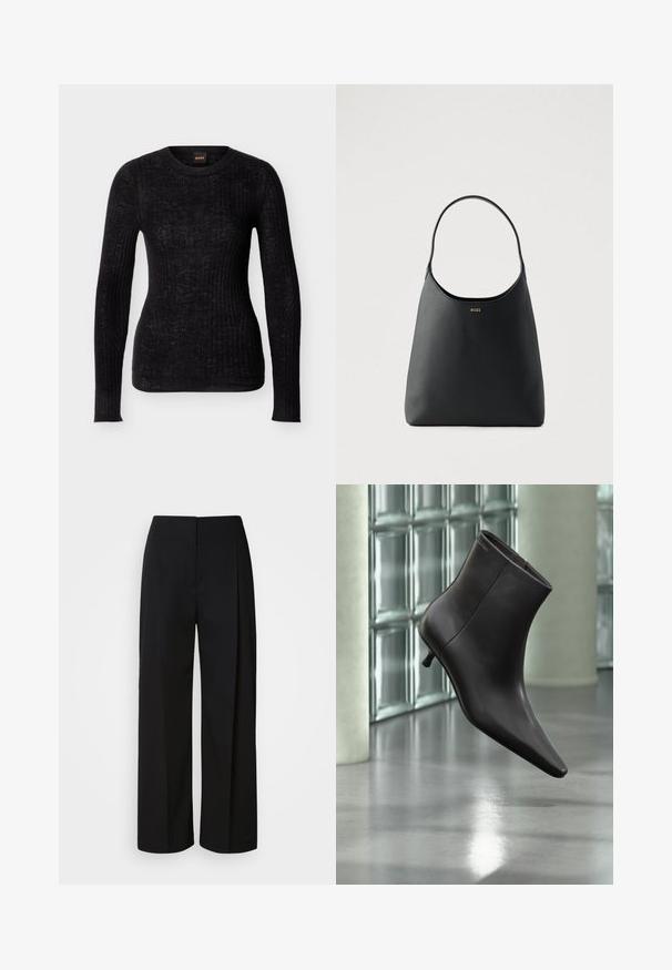 Pull noir à manches longues en maille côtelée avec encolure ronde, coupe slim et motif de texture subtil.; Pantalon noir taille haute à jambes larges avec une fermeture avant dissimulée, des coutures ajustées et un tissu lisse et structuré.; Bottine en cuir noir avec bout pointu et petit talon, présentée devant un mur en blocs de verre et un sol poli.; Sac à main en cuir noir avec une seule poignée courbée, texture lisse et un logo discret à l'avant. Design minimaliste et intérieur spacieux.