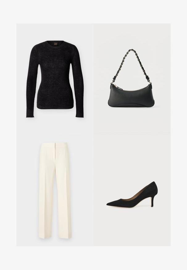 Pull noir à manches longues en maille côtelée avec encolure ronde, coupe slim et motif de texture subtil.; Pantalon droit sur mesure couleur blanc cassé avec pli avant, ceinture et fermeture avant dissimulée sur un fond uni.; Escarpin en daim noir à bout pointu avec un talon stiletto fin de hauteur moyenne et un design à coupe basse sur un fond uni.; Sac à bandoulière en cuir noir de forme rectangulaire incurvée, avec une chaîne dorée tissée dans la bandoulière noire tressée et une fermeture éclair sur le dessus.