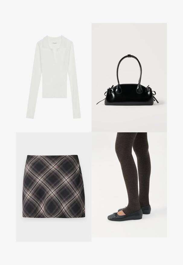 Camisa polo de manga larga blanca con cuello en V y cuello en contraste, que presenta un diseño ajustado y una textura suave.; Minifalda a cuadros en negro y beige con patrón de cuadros diagonal, cintura ajustada y textura de tela suave.; Piernas con leggings oscuros acanalados combinados con bailarinas negras que presentan pequeños detalles de lazo sobre un fondo blanco.; Pequeño bolso negro brillante con dos asas largas y detalles de cordón lateral sobre un fondo claro liso.