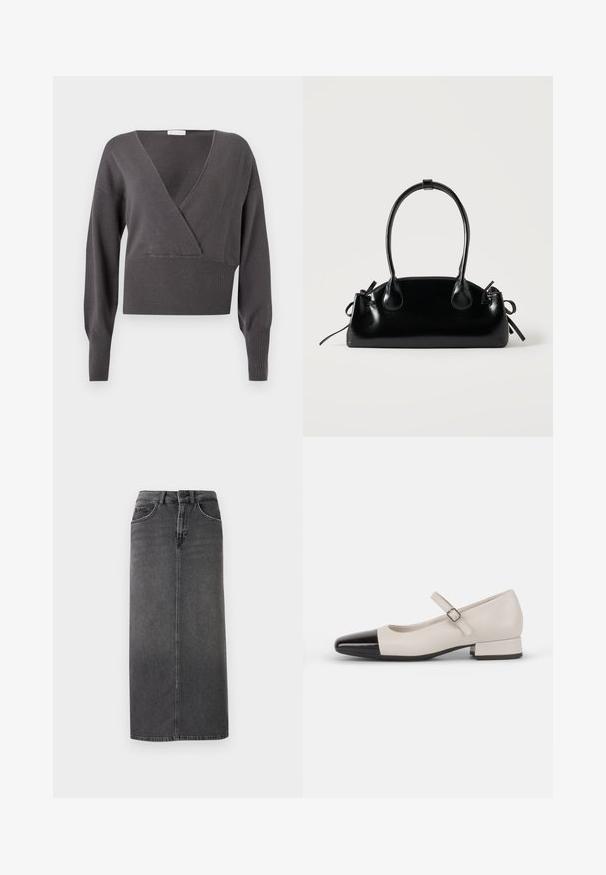 Pull gris court présentant un col en V, des manches longues, un ourlet et des poignets côtelés, ainsi qu'une texture en maille douce. Design classique avec des détails minimaux.; Jupe midi en denim gris avec une coupe droite, design à cinq poches et passants de ceinture. Présente une fermeture à bouton sur le devant et des coutures minimalistes.; Chaussure de style Mary Jane en cuir crème avec un bout en vernis noir. Présente un bout rond, une sangle de cheville avec une boucle carrée et un petit talon carré.; Petit sac à main noir brillant avec deux longues anses et des détails à cordon sur les côtés sur un fond clair uni.