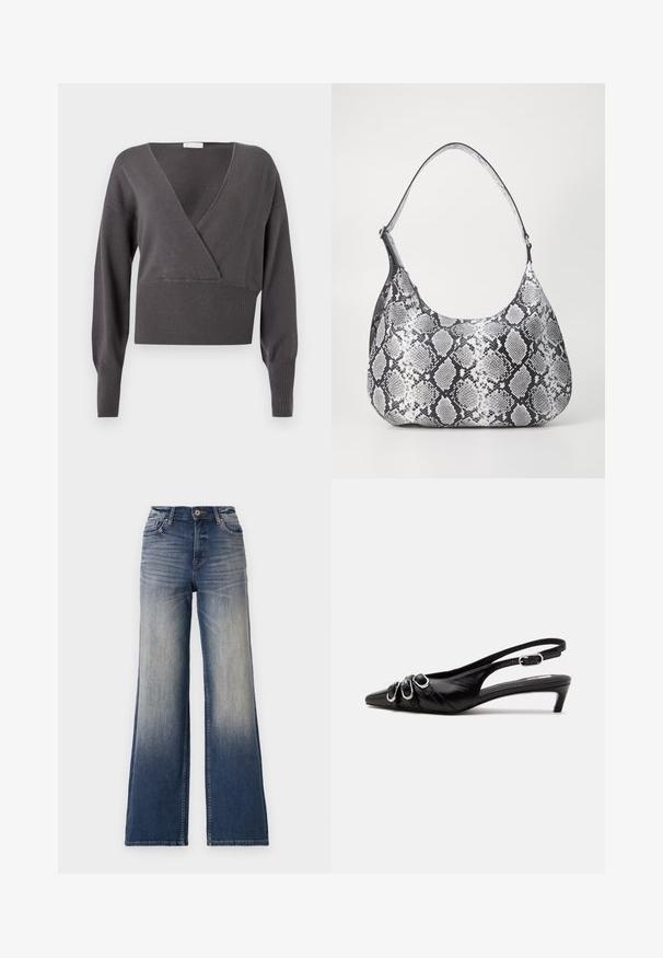 Pull gris court présentant un col en V, des manches longues, un ourlet et des poignets côtelés, ainsi qu'une texture en maille douce. Design classique avec des détails minimaux.; Jeans taille haute à jambes larges en denim bleu clair à foncé avec décoloration, dotés d'une fermeture à bouton et de passants de ceinture. Ourlet net et sans ornementation visible.; Chaussure slingback en cuir noir avec bout pointu, trois boucles argentées à l'avant et petit talon kitten sur fond blanc.; Sac à épaule en simili cuir noir et blanc avec imprimé serpent, de forme arrondie, texture lisse et bandoulière incurvée. Présente un accent en matériel argenté.