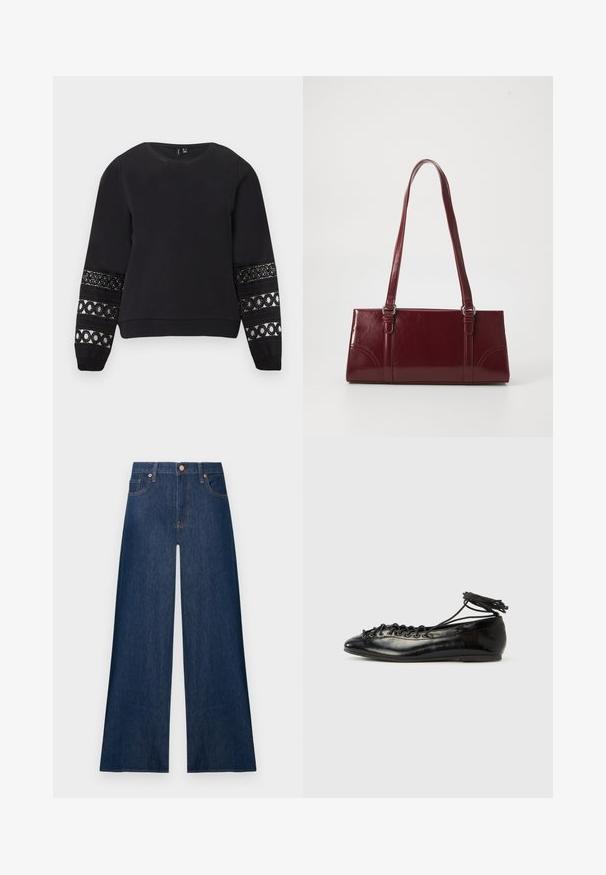 Sweat-shirt noir à manches longues avec encolure ronde et panneaux en dentelle décorative avec motifs circulaires sur les manches inférieures.; Jean denim bleu foncé à jambes larges avec boutons avant et poches, présenté sur un fond clair uni.; Ballerines en cuir verni noir avec un bout rond, un design à lacets et une semelle plate. Texture lisse avec peu de détails.; Sac à main bordeaux en matériau brillant, de forme rectangulaire, avec deux anses et des accents légèrement courbés à l'avant.