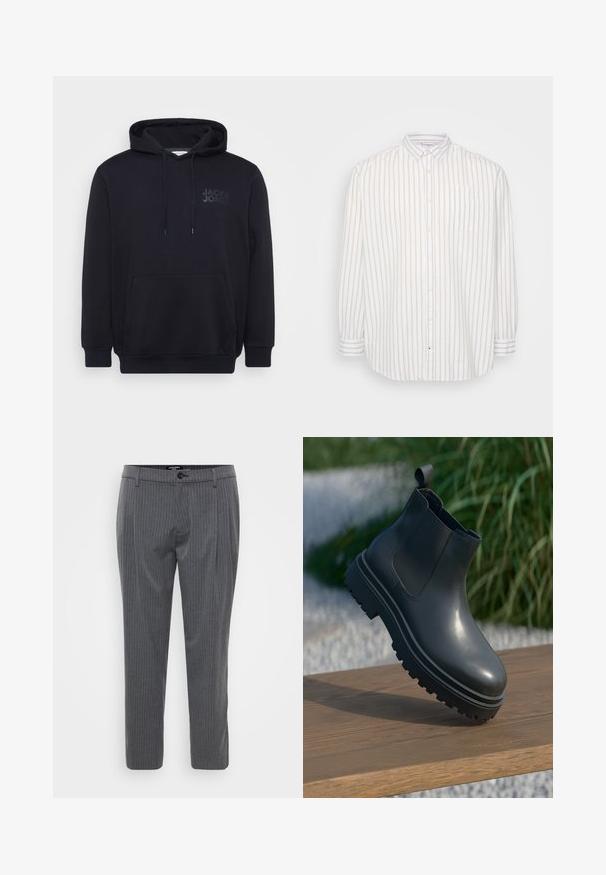 Schwarzer Hoodie aus Baumwollmischung, mit einer vorderen Kängurutasche, einer Kapuze mit Zugband und einem dezenten Logodesign auf der Brust.; Hemd mit Knopfleiste in Weiß und hellbeigen Streifen, lange Ärmel, Tasche auf der linken Brust, klassischer Kragen, leichtes Material.; Grau gestreifte Hose aus gewebtem Stoff, mit flachem Bund, Gürtelschlaufen und einem Knopfverschluss. Taillierter Schnitt und gesäumte Säume.; Schwarzer Gummi-Stiefelette mit strukturiertem Finish, dicker, rutschfester Sohle, elastischen Seiteneinsätzen und einer Schlaufe hinten, die auf einer Holzoberfläche ruht.