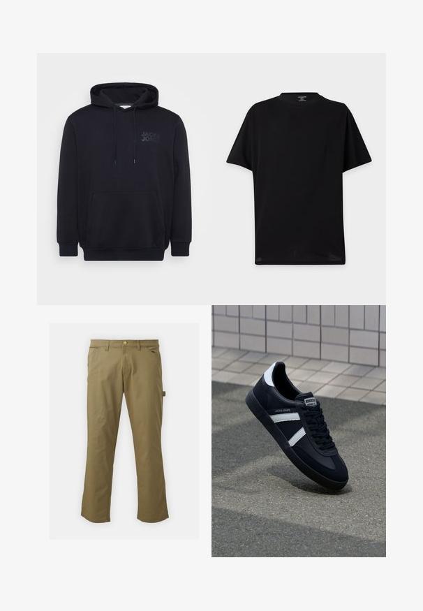 Schwarzer Hoodie aus Baumwollmischung, mit einer vorderen Kängurutasche, einer Kapuze mit Zugband und einem dezenten Logodesign auf der Brust.; Schlichtes schwarzes T-Shirt mit kurzen Ärmeln und Rundhalsausschnitt ohne sichtbare Logos oder Designs, dargestellt vor hellem Hintergrund.; Khakihosen aus glattem Stoff mit Knopfverschluss, Gürtelschlaufen, zwei Fronttaschen und einer Seitentasche im geraden Bein-Design.; Schwarze Leder-Sneaker mit weißen Streifen, strukturiertem Gummisohle und Schnürung. Verfügt über ein Markenetikett auf der Zunge.