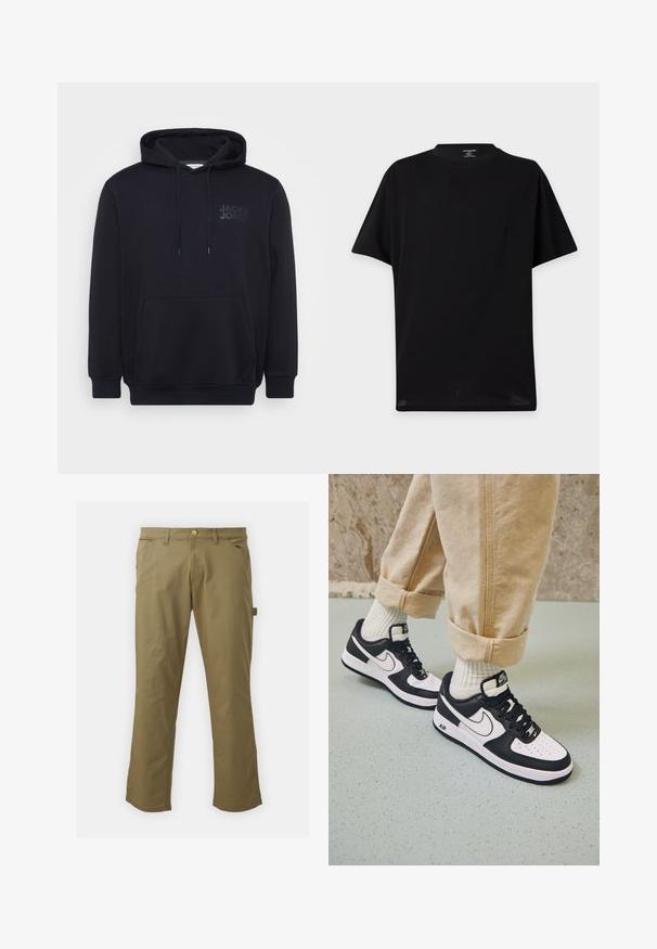 Schwarzer Hoodie aus Baumwollmischung, mit einer vorderen Kängurutasche, einer Kapuze mit Zugband und einem dezenten Logodesign auf der Brust.; Schlichtes schwarzes T-Shirt mit kurzen Ärmeln und Rundhalsausschnitt ohne sichtbare Logos oder Designs, dargestellt vor hellem Hintergrund.; Khakihosen aus glattem Stoff mit Knopfverschluss, Gürtelschlaufen, zwei Fronttaschen und einer Seitentasche im geraden Bein-Design.; Schwarz-weiße Nike Air Force 1 Sneaker mit einem Obermaterial aus Leder, perforierter Zehenpartie und strukturiertem Sohlendesign, getragen mit aufgerollten beigen Hosen und weißen Socken.