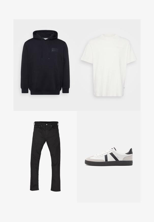 Hoodie noir en mélange de coton, avec une poche kangourou à l'avant, une capuche avec cordon de serrage et un design de logo subtil sur la poitrine.; T-shirt en coton blanc avec un col rond, des manches courtes et un petit logo imprimé à l'avant. Présente un ajustement décontracté et une texture lisse.; Jean noir en denim avec coupe droite, cinq poches et fermeture à bouton métallique. Le tissu a une texture lisse et des détails de couture minimaux.; Baskets blanches avec des accents noirs et gris, présentant un embout texturé gris, une semelle en caoutchouc noir et des lacets plats blancs. Design épuré, style minimaliste.