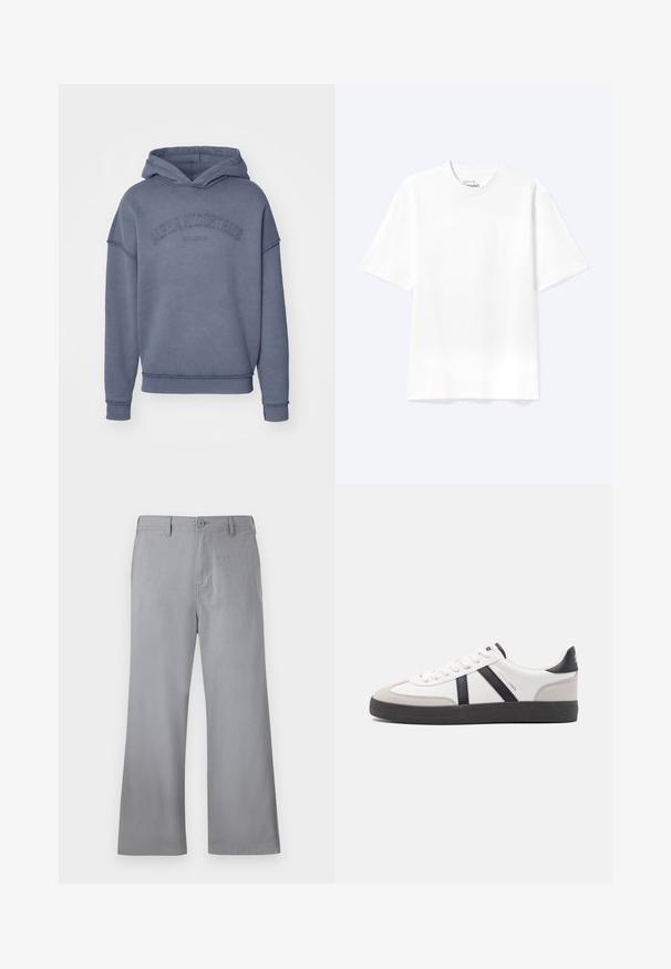 Hætte sweatshirt i dæmpet blå, lavet af blødt stof, med broderet "Alpha Industries" logo på brystet samt ribbede ærmer og kant.; Enkel hvid T-shirt med korte ærmer og rund hals med afslappet pasform, vist på en lys baggrund.; Grå brede bukser lavet af blødt stof, med knaplukning foran, bæltestropper og et enkelt design uden synlige mønstre eller accenter.; Hvide sneakers med sorte og grå detaljer, med en tekstureret grå tåhætte, sort gummisål og flade hvide snørebånd. Rent design, minimalistisk stil.