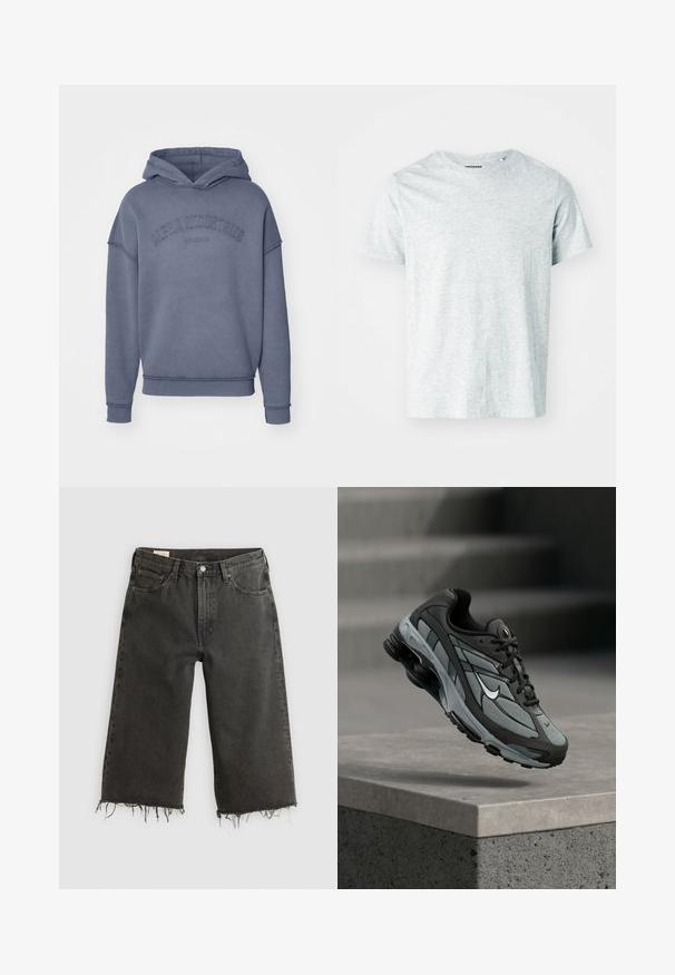 Hætte sweatshirt i dæmpet blå, lavet af blødt stof, med broderet "Alpha Industries" logo på brystet samt ribbede ærmer og kant.; Lys grå, kortærmet t-shirt lavet af blødt stof, med en rund hals og en let afslappet pasform. Ingen synlige mønstre eller grafik.; Sorte jeans med rå kant og vid ben, lavet af denim, og med fem lommer samt metalknaplukning. Texturen er en smule grov.; Grå og sort atletiksko med meshpaneler og tyk sål, placeret i luften over en betonliste med trapper i baggrunden.