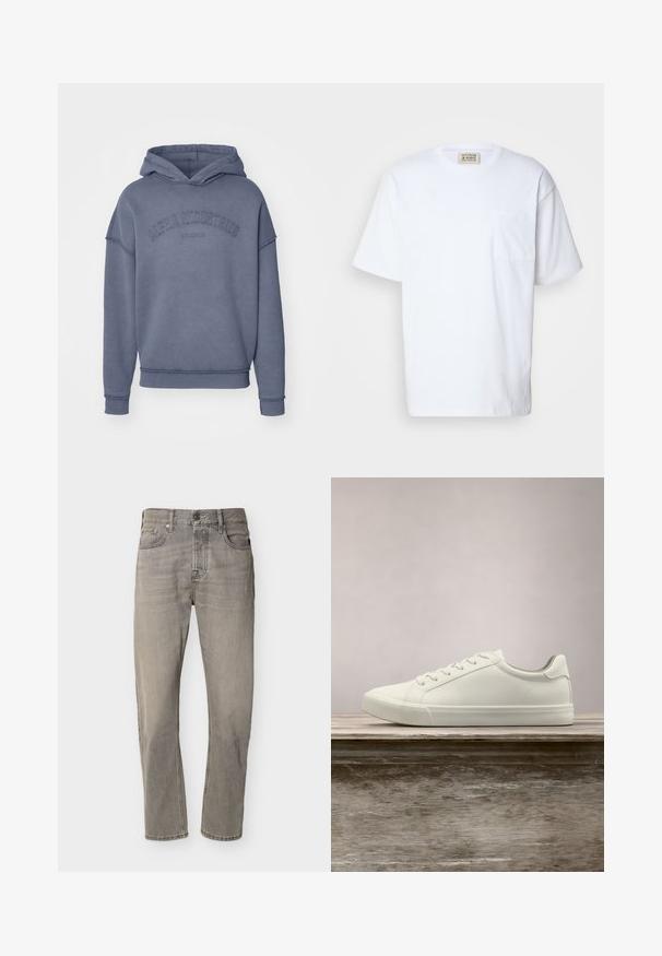 Hætte sweatshirt i dæmpet blå, lavet af blødt stof, med broderet "Alpha Industries" logo på brystet samt ribbede ærmer og kant.; Hvid kortærmet t-shirt lavet af bomuld. Indeholder en brystlomme og subtil syning på lommen. Rund halsudskæring.; Grå jeans med lige ben, fem lommer, knaplukning og synlige syninger, vist fladt på en hvid baggrund.; Hvide snørresneakers svævende over en træbænk med grønne planter i baggrunden, der fremhæver skodesign og tekstur.