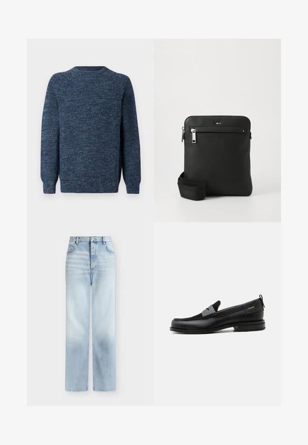 Barbour HORSEFORD CREW - Džemper - mallard green; Hele sinised kõrge vöökohaga sirged teksapüksid esitaskute, vööaasade ja nööpkinnisega.; Must nahast loafer halli rihma detailiga, madala kand ja tekstuurse tallaga, külgedel kuldse "HUGO" brändiga.; Must nahast ristihoidja, lame disain, struktuurne pind, luku kinnis, esmine tasku ja reguleeritav kangast rihm.