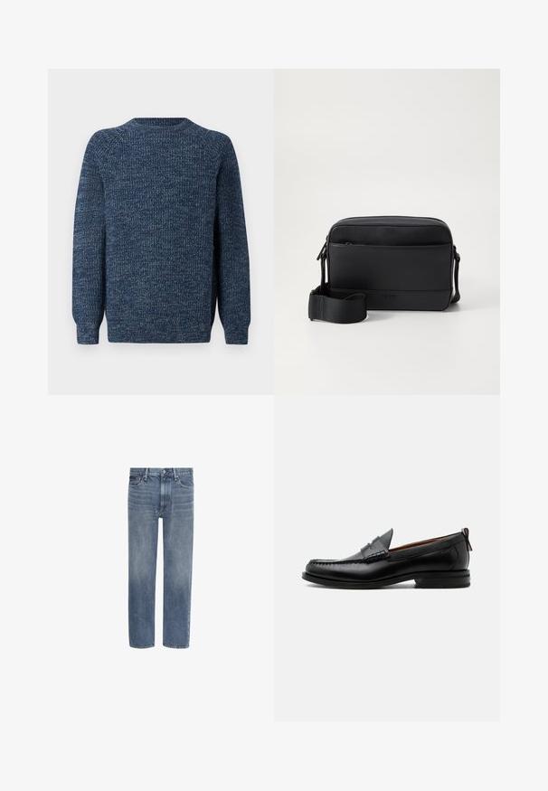 Barbour HORSEFORD - Strickpullover - mallard green; Gerade geschnittene blaue Denim-Jeans mit Vordertaschen, Gürtelschlaufen und Knopfverschluss.; Schwarzer Leder-Herrenschuh mit Mokassinnaht, Penny-Riemen, strukturiertem Kragen und niedrigem gestapeltem Absatz auf weißem Hintergrund.; Schwarze Umhängetasche aus glattem Leder mit einer Vordertasche, Reißverschluss und verstellbarem Stoffgurt. Markenlogo auf der Vorderseite eingeprägt.