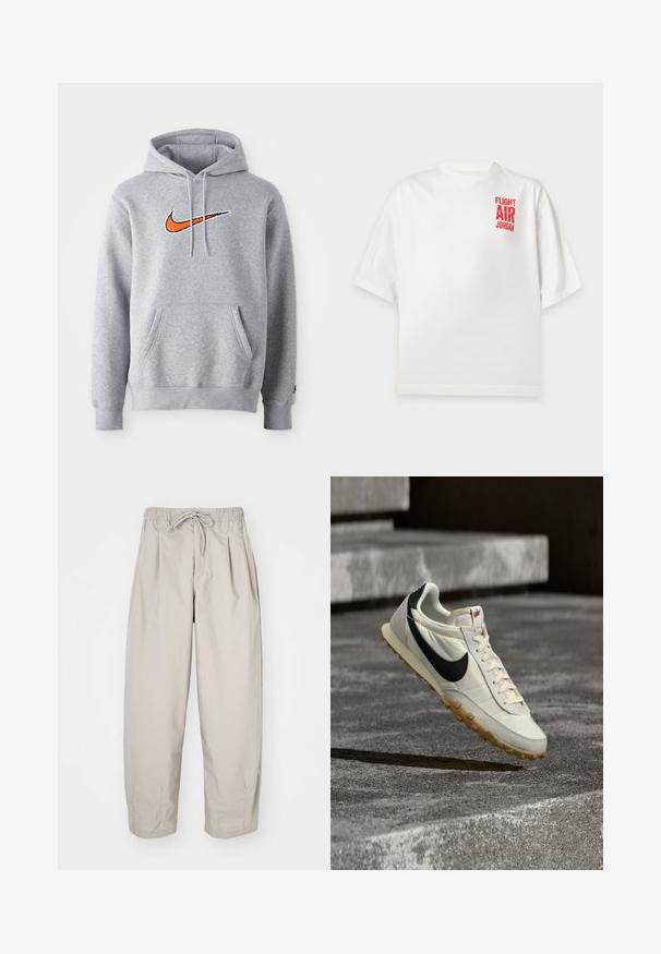 Šedá mikina s kapucňou vyrobená z bavlneného zmesi. Obsahuje klokaní vrecko a šnúrku na kapucni. Vyšitá oranžová Nike logo na hrudi.; Biele tričko s krátkym rukávom s červeným textom "Flight Air Jordan" v hornej ľavej časti hrude, zobrazené na jednoduchom pozadí.; Béžové, ľahké nohavice s elastickým pásom a šnúrkou na stiahnutie. Obsahujú plisovanie a voľný strih, vyrobené z mäkkej, hladkej tkaniny.; Biely a čierny teniska značky Nike s podrážkou farby žuvačky, visiaca nad betónovými schodmi, osvietená prirodzeným slnečným svetlom.