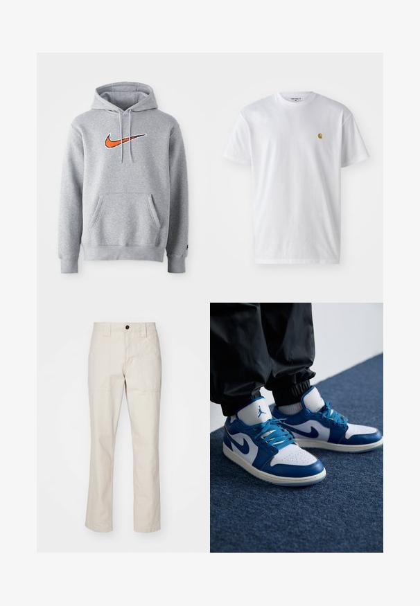 Grå sweatshirt hoodie lavet af en bomuldsblanding. Har kengurulomme og snoretræk i hætten. Broderet orange Nike-logo på brystet.; Hvid bomulds t-shirt med korte ærmer, rund hals og et lille guld logo på venstre brystområde. Blød tekstur og almindelig pasform.; Beige bomuldsbukser med lige ben-design, der har to frontlommer, en enkelt knaplukning og synlige stikninger.; Nike Air Jordan sneakers har en hvid læderbase med blå syntetiske detaljer, en perforeret tåboks og blå snørebånd.