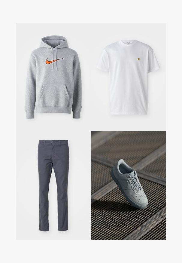 Sudadera gris con capucha hecha de una mezcla de algodón. Presenta un bolsillo canguro y capucha con cordones. Logo de Nike bordado en naranja en el pecho.; Camiseta de algodón blanca con mangas cortas, cuello redondo, que presenta un pequeño logo dorado en la parte izquierda del pecho. Textura suave y corte regular.; Chinos gris oscuro fabricados con una mezcla de algodón. Presentan un cierre de botón y cremallera, trabillas para el cinturón y un diseño de pierna recta.; Zapatillas de cuero gris con punta perforada, cordones planos, collar acolchado y suela de goma texturizada. Presenta un sutil detalle de marca.