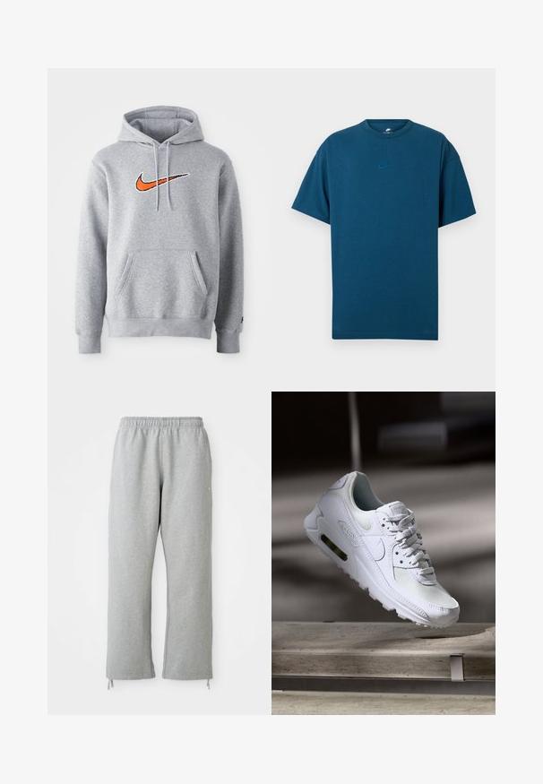 Sudadera gris con capucha hecha de una mezcla de algodón. Presenta un bolsillo canguro y capucha con cordones. Logo de Nike bordado en naranja en el pecho.; Camiseta de algodón azul con mangas cortas, cuello redondo y un pequeño logo de Nike en azul claro en el pecho. Textura suave, corte relajado.; Pantalones de chándal grises con una cintura elástica, piernas rectas y detalles de cordones en el dobladillo. Fabricados en una suave tela texturizada.; Zapatilla Nike Air Max 90 blanca con parte superior de malla y cuero, caja de puntera perforada y unidad de aire visible en el talón.