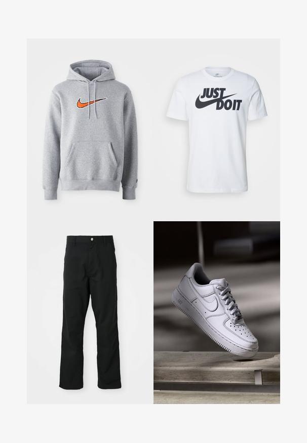 Šedá mikina s kapucňou vyrobená z bavlneného zmesi. Obsahuje klokaní vrecko a šnúrku na kapucni. Vyšitá oranžová Nike logo na hrudi.; Biely bavlnený tričko s výrazným čiernym logom "Just Do It" a Nike swoosh. Klasický strih s okrúhlym výstrihom a krátkymi rukávmi.; Čierne nohavice rovného strihu so zapínaním na gombík a zips, pútka na opasok a bočné vrecká, vystavené na bielom pozadí.; Biely kožený teniska Nike Air Force 1 má perforovanú špičku, ploché šnúrky a štruktúrovanú gumovú podrážku s nápisom „AIR“ na boku.