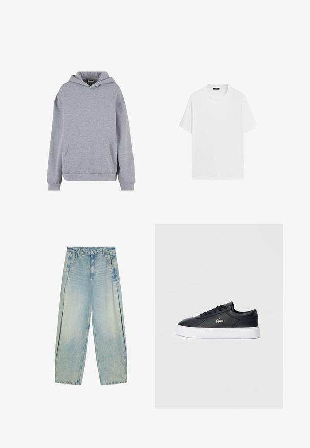 Lichtgrijze pullover hoodie met lange mouwen, voorzak met kangoeroezak en geribde boorden op een witte achtergrond.; Witte katoenen t-shirt met korte mouwen, ronde halslijn en een relaxte pasvorm. Zachte textuur en minimalistisch ontwerp, zonder patronen of accenten.; Lichtblauwe wijde denimspijkerbroek met voorzakken, riemlussen en een knoopsluiting.; Zwarte leren sneaker met een ronde neus, ton-sur-ton veters en een gevoerde kraag. Bevat een witte plateauzool en een klein logo-accent.