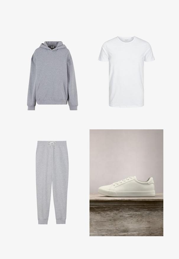 Hellgrauer Pullover mit Kapuze, langen Ärmeln, Kängurutasche vorne und gerippten Bündchen auf weißem Hintergrund.; Rundhals-T-Shirt mit kurzen Ärmeln in reinem Weiß, aus weicher Baumwolle, mit einem schlichten Design ohne sichtbare Muster oder Akzente.; Graue Sweatpants aus weichem Stoff, mit einem elastischen Bund und einem Kordelzug, seitlichen Taschen und gerippten Bündchen an den Knöcheln.; Weiße Schnürsneaker, die über einer Holzbank mit grünem Laub im Hintergrund schweben und das Schuhdesign sowie die Textur zeigen.