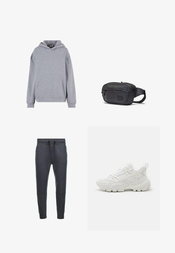 Hellgrauer Pullover mit Kapuze, langen Ärmeln, Kängurutasche vorne und gerippten Bündchen auf weißem Hintergrund.; Dunkelgraue Sweatpants aus weichem Stoff, mit einem Kordelzugbund, zwei seitlichen Reißverschlusstaschen und Längsnähten an den Beinen.; Weißer Sport-Sneaker mit strukturiertem Obermaterial, Mesh-Einsätzen, auffälliger Gummisohle und dekorativen Ausschnitten an den Seiten.; Schwarze Stoff-Waistbag mit einem Karomuster, Reißverschlussfächern, verstellbarem Tragegurt und einem Markenetikett auf der Vorderseite. Strukturiert Oberfläche.