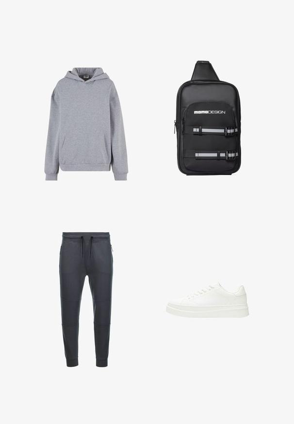 Lichtgrijze pullover hoodie met lange mouwen, voorzak met kangoeroezak en geribde boorden op een witte achtergrond.; Donkergrijze sweatpants van zacht materiaal, met een tailleband met trekkoord, twee zijzakken met rits en paneeldetails op de benen.; Witte sneaker met een glad leren bovenwerk, platte veters en een dikke rubberen zool. Minimalistisch ontwerp met subtiele stiksel en naadloze accenten.; Zwarte rechthoekige crossbodytas met wit "Momo Design" logo, voorvak met rits en twee verstelbare zwart-grijs gestreepte banden met gespen.