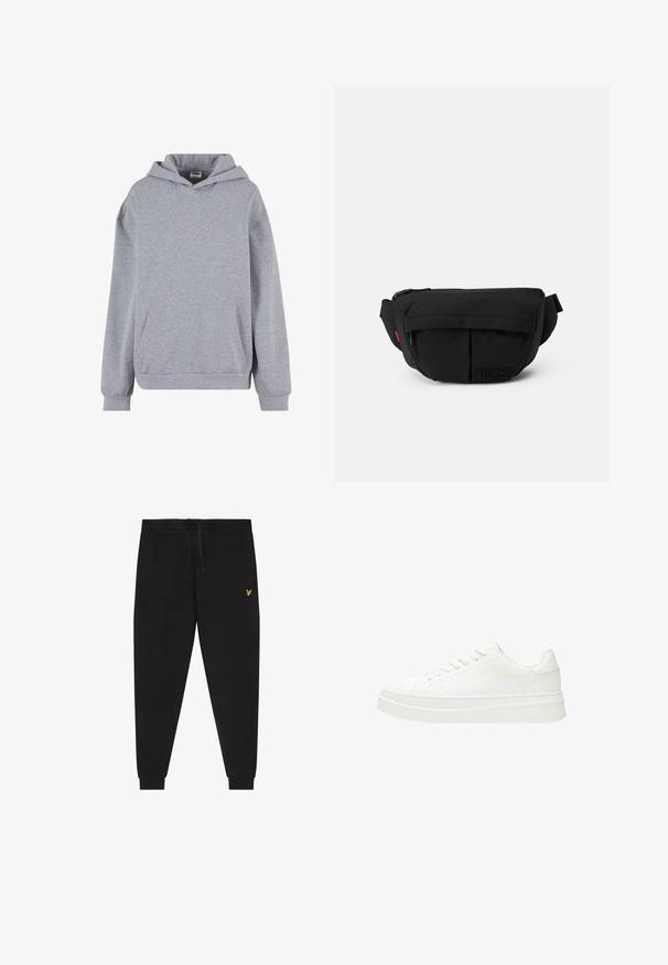 Lichtgrijze pullover hoodie met lange mouwen, voorzak met kangoeroezak en geribde boorden op een witte achtergrond.; Zwarte joggingsbroek met elastische taille en trekkoord, taps toelopende pijpen met boorden en een klein geel geborduurd logo op de rechterdij.; Witte sneaker met een glad leren bovenwerk, platte veters en een dikke rubberen zool. Minimalistisch ontwerp met subtiele stiksel en naadloze accenten.; Zwarte nylon heuptas met een ritsluiting, twee voorkanten vakken en een textuur logo patch. Voorzien van een brede verstelbare band.