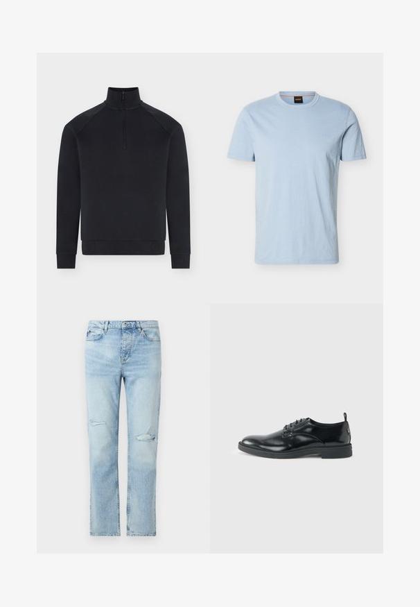 Pull noir à manches longues avec demi-fermeture éclair devant, col montant, poignets et bas côtelés, présenté sur fond blanc.; T-shirt bleu clair à manches courtes et col ras du cou, avec un logo "BOSS" discret sur la poitrine et une étiquette noire avec le label orange "BOSS" à l'intérieur du col.; Jean en denim bleu clair avec une coupe droite, fermeture par boutons, poches avant, et petites déchirures usées sur les deux cuisses.; Chaussure habillée en cuir noir brillant avec un petit talon, fermeture à lacets et bout rond, vue de côté sur un fond uni et clair.